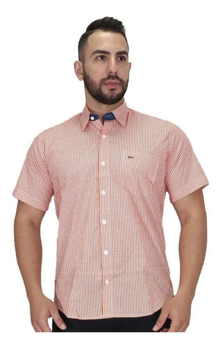 Camisa Masculina Manga Curta Xadrez Laranja