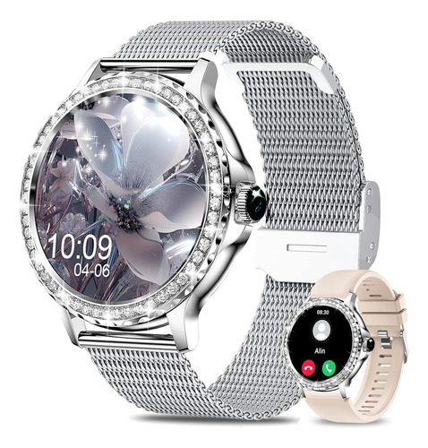 Relógio Smartwatch Mulheres Hk27 Prata 1.31in 41mm Clássico Mostrador Redondo Decoração De Diamante 2pulseira Ip67 Com Bluetooth Gpt Lançamento2025