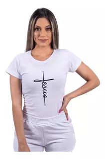 Camiseta Camisa Cristã Baby Look Jesus Escrito Cruz Algodão