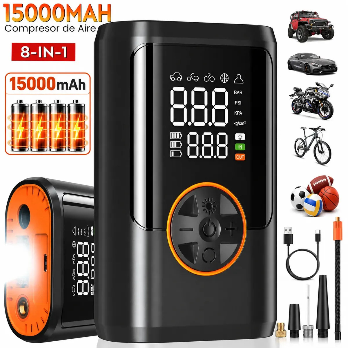 Compresor De Aire Eléctrico Portátil 150 Psi Y 150w, Inflador De Llantas Inalámbrico De Alta Potencia , Batería... Negro