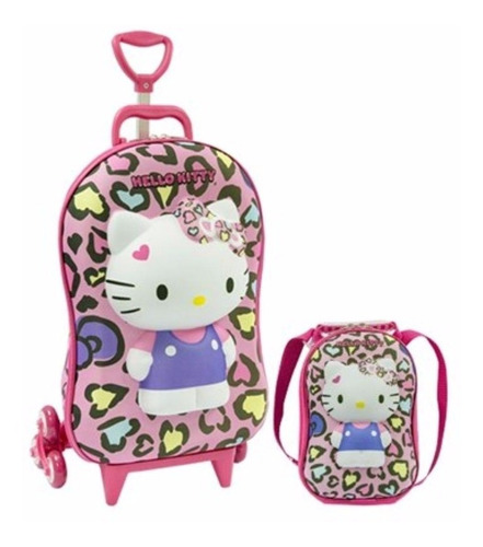 Mochila Escolar Mochilete 3d Hello Kitty Leopardo + Lancheir