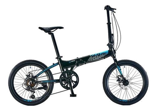 Bicicleta plegable Futura Origami  2022 R20 7v frenos de disco mecánico cambios Shimano Tourney color negro/celeste con pie de apoyo  