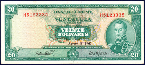 Billete De 20 Bolívares H7 De Agosto 8 De 1967 Simón Bolívar