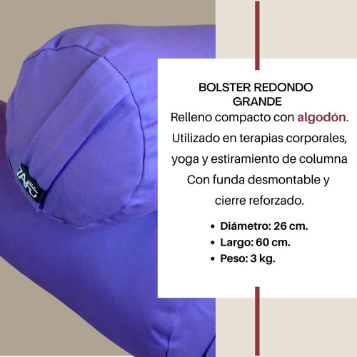 Imagen 2 de 5 de Bolster Yoga Relleno C/ Algodón Redondo Grande 23 X 60 Cm