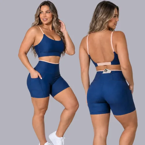 Conjunto Academia Fitness Top E Short Kit Zero Transparência Azul/ar