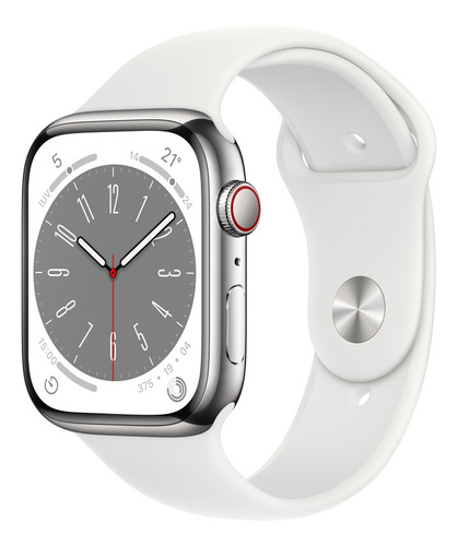 Apple Watch Series 8 GPS + Celular - Caja de acero inoxidable color plata 45 mm - Correa deportiva blanca - Patrón