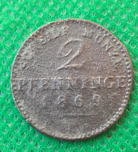 Moneda Alemana De 2 Pfennige, Año 1869,  Regular Estado. 