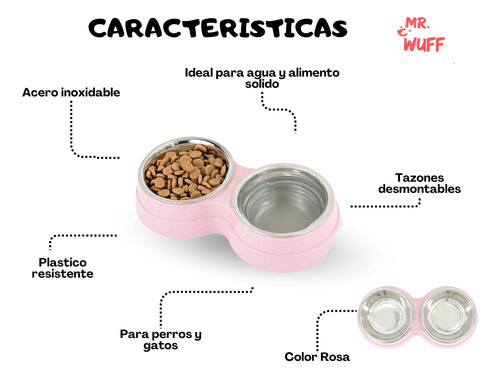 Plato comedero doble para perro con tazones de acero inoxidable MR Wuff color rosa