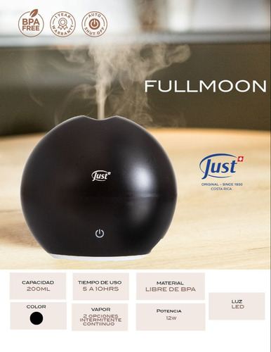 Difusor Moon Just Luz Hasta 10hs Aromaterapia+aceite Eucalip Negro
