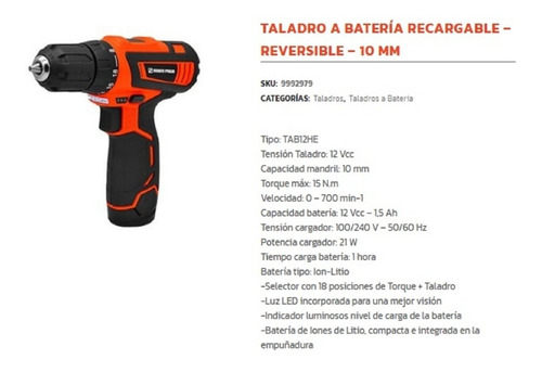 Imagen 2 de 3 de Taladro A Bateria Dowen Pagio 10mm 12v Litio 9992979