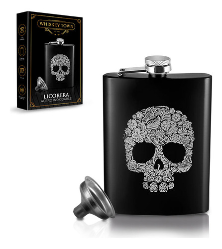 Licorera Calavera Negra Mate Acero Inoxidable 236ml Redlemon