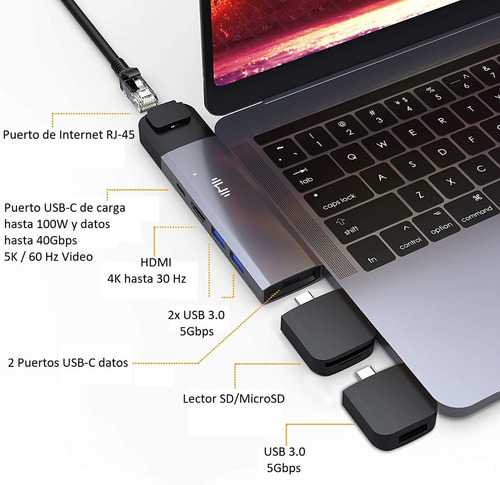 Adaptador Hub Macbook Pro Hdmi Rj45 Usb 3.0 Sd/microsd Usbc