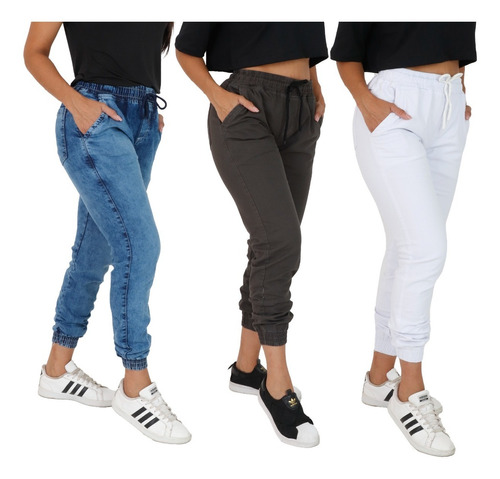 Kit 3 Calças Jogger Feminina Jeans Camuflada Punho Elastico