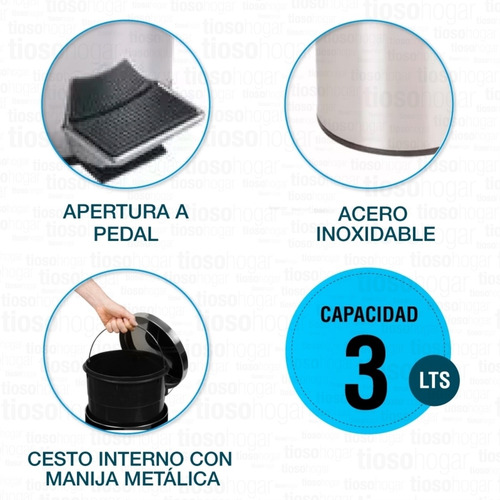 Cesto Acero Inoxidable Pedal 3 Lts Cocina Baño Tacho Basura