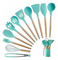 Comprar Set X12 Kit Utensilios De Cocina Mango Madera Punta Silicona Verde