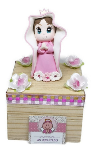 Recuerdo Bautizo Virgen Rosa En Caja De Madera 3 Pz 