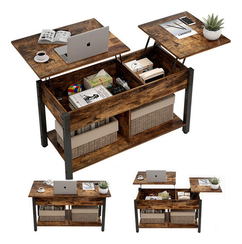 Mesa De Centro Elevable Con Compartimentos Ocultos Y Estante De Almacenamiento, Mesa Auxiliar Para Sala,mesa Expandible Madera