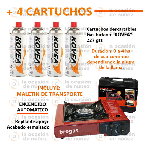 Anafe Camping Brogas + 4 Cartuchos Butano Cocina Portatil