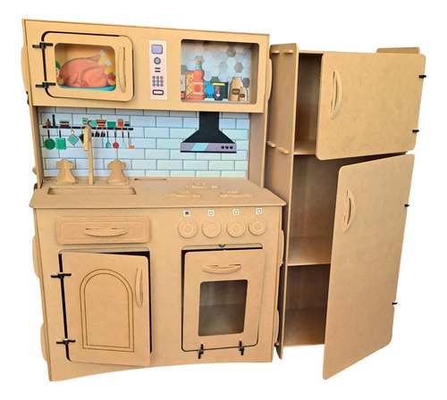 Cocinita Para Niños + Sticker + Heladera Madera Fibrofacil