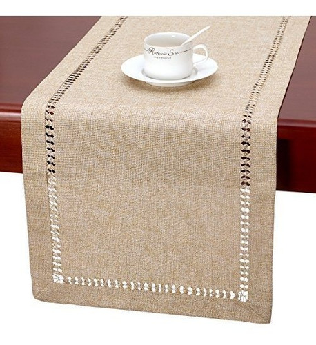 Hemstitch Beige Beige Tabla Runner O Aparador Bufanda Rectan