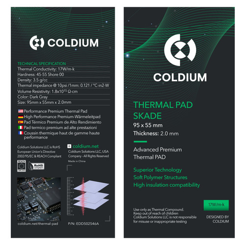 Pad Térmico Coldium Skade 95x55x2.0mm Overclock Pro 17w/m-k Color Gray
