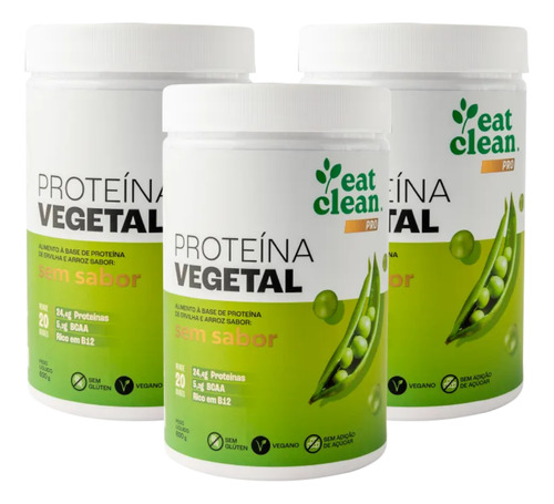 3x Proteína Vegetal Vegana Eat Clean Sem Sabor 600g