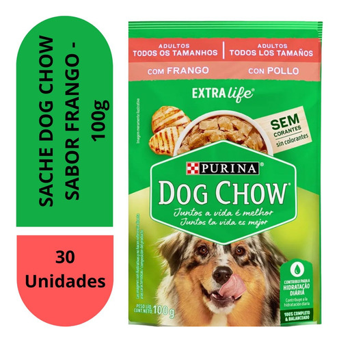 30 Saches Ração Úmida Dog Chow 100g Frango Nestlé Purina