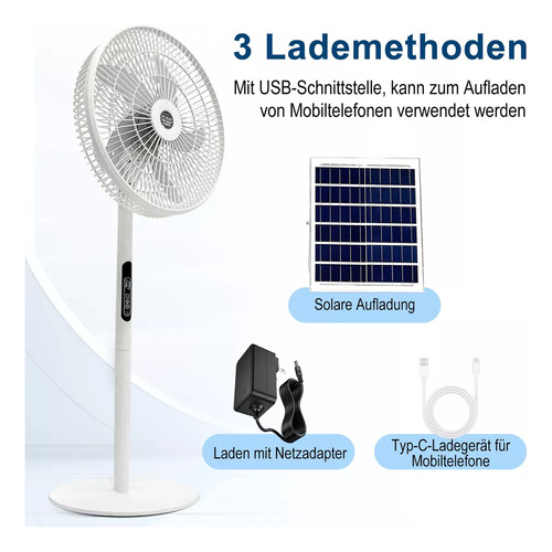 Ventilador Solar 16 Recargable De Batería Grande Silencioso Con 5 Aspas Y Usb,35000mah Ventilador Solar Recargable Con Control Remoto,Ventiladores De Piso Ajustable 16in Con Remoto 3 Vel,Blanco