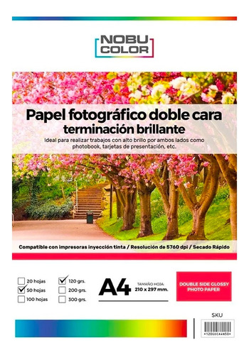 Papel Foto Glossy Brillante Doble Cara Nobucolor A4 120 Gr.