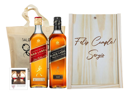 Box Johnnie Walker Red Label + Black Label Madera Grabado 