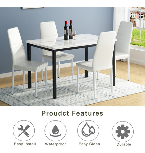 Juego De Mesa De Comedor 5 Piezas Con Mesa Mármol Sintético
