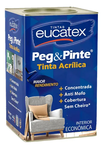 Lata de 18 litros da Tinta Acrilica Eucatex Peg & Pinte com destaque para o rotulo azul