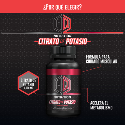 HQ NUTRITION - Citrato de Potasio 1000 mg - Equilibrio Electrolítico y Soporte Muscular - Cápsulas para Hidratación Celular y Rendimiento Físico - 120 Cápsulas de Alta Calidad