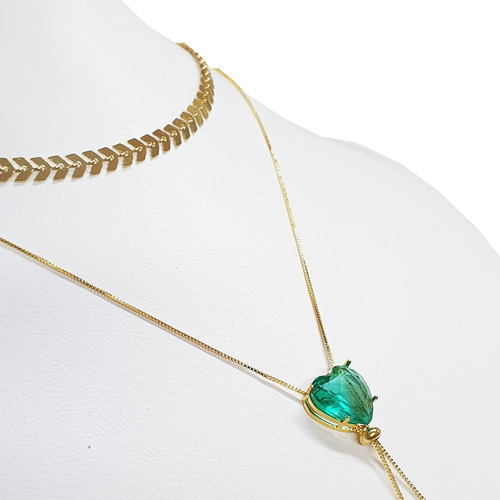 Colar Gravata Choker Escama Coração Verde Folheado Ouro Cor Dourado