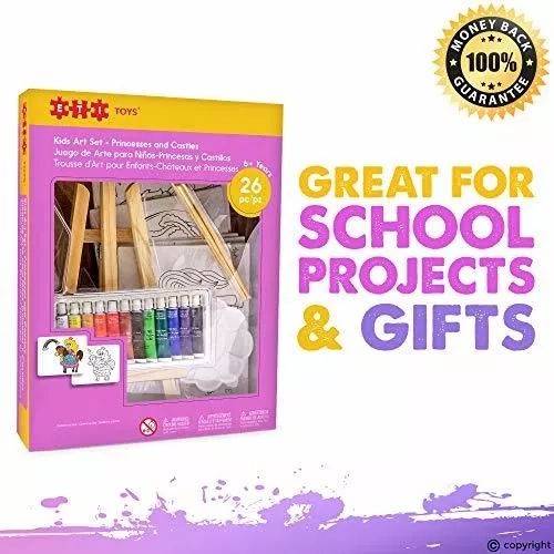 ETI Toys, 26 Piece Kids Art Painting Set with Wood Easel, 6 Princesses and  Castles Themed Canvases, 12 Color Acrylic Paints, 5 Paint Brushes, Palette.