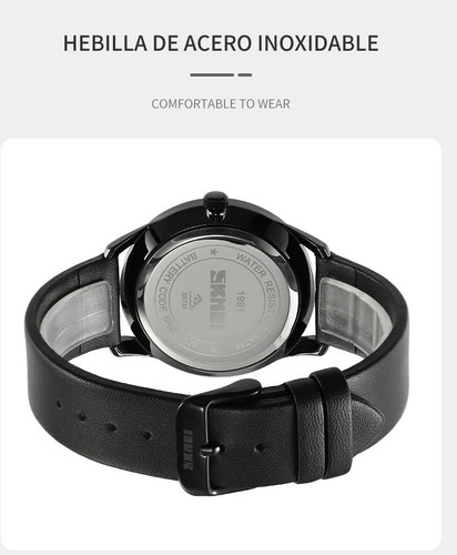 Reloj Pulsera Skmei 1991 Con Correa De Cuero Color Negro - Fondo Gris - Bisel Plateado