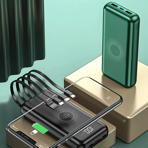 Power Bank 20000mah Turbo Carregador Indução Universal Portátil 4 Cabos Cor Verde