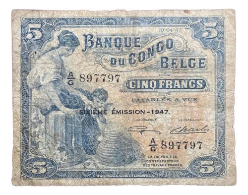 Billete 5 Francos Congo Belga 1947 Pick 13 Ad Elefantes