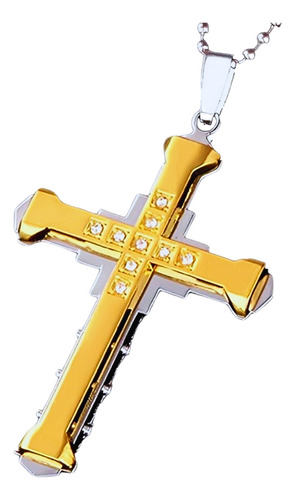 Colar De Pingente De Cruz De Aço De Titânio Com Zircônia Cor Prata Com Dourado
