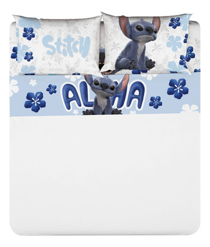 Juego De Sábanas Matrimoniales Stitch Aloha - Providencia Color Azul Acero