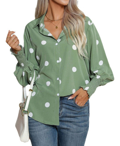 Camisa De Manga Farol Con Estampado De Lunares Para Mujer