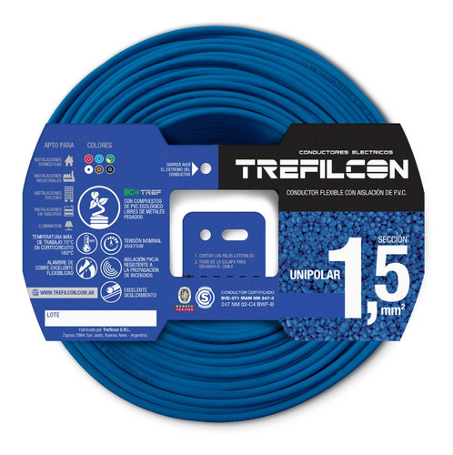 Cable Unipolar 1.5mm Normalizado Trefilcon Rollo X 25mts Color de la cubierta Celeste