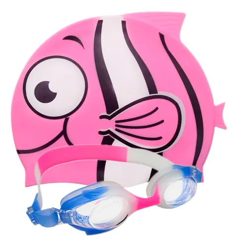Set Gorro Natación Pez Silicona Niños Gafas Filtro uv estuch