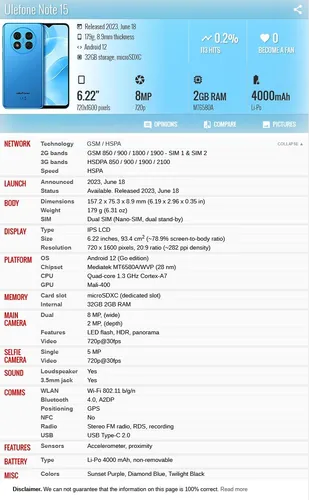 Ulefone Note 15 2gb + 3gb = 5gb 32gb Dual Sim Duos