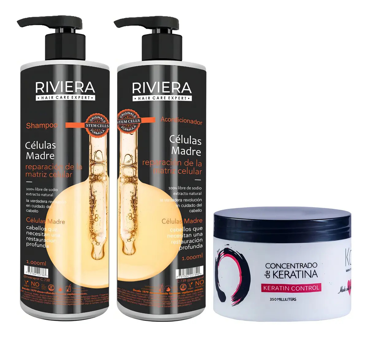 Shampoo/Acondicionador Riviera Sin Sal Células Madres 1L + Acondicionador 1L + Keratina 350ml