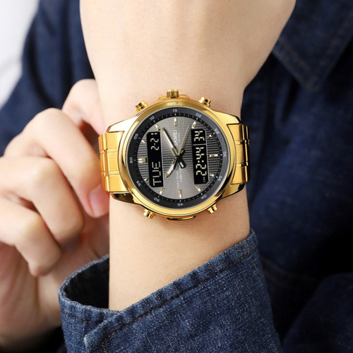 Reloj Deportivo De Acero Inoxidable Impermeable Skmei Lumino Color Del Fondo Golden Black