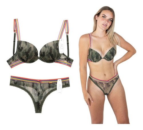 C^ Conjunto Brasier Doble Push Up Con Tanga Lenceria