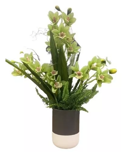 Arranjo Orquídea Artificial Verde No Vaso De Cerâmica
