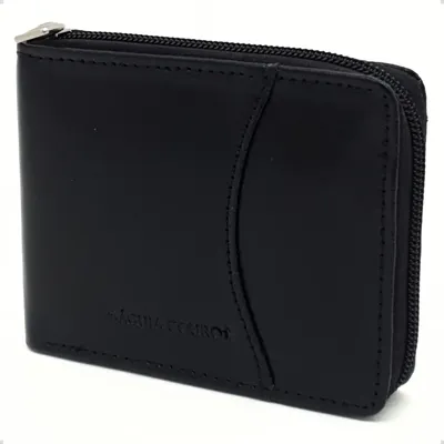 Carteira de Couro Masculina Zíper Águia Couro com Porta-Documentos Preta