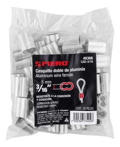 Bolsa Con 50 Casquillos Dobles De Aluminio, 3/16' Para Cable